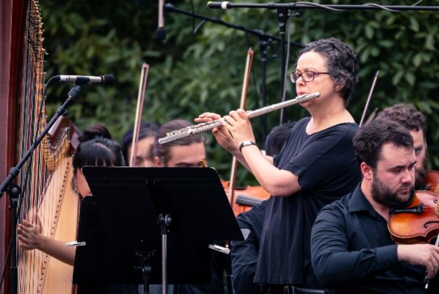 Musicians including a harpist, flautist and volinist playing live on an outdoor stage, trees in the background.