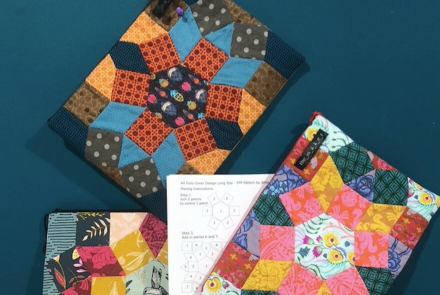 Patchwork samples in different colours.