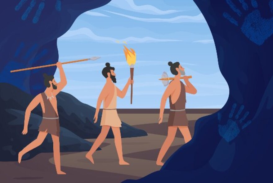 An illustration depicting three men of ancient Greece walking through a cave into the light.