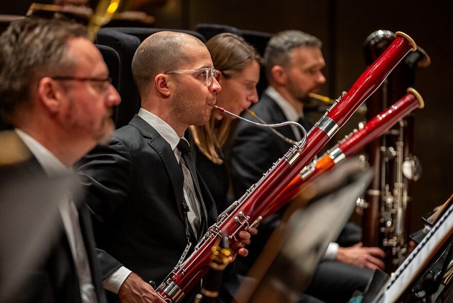 Side view of people playing bassoons in an orchestra.