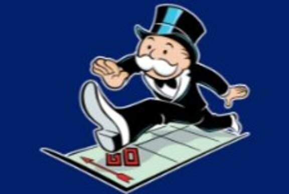 Monopoly top-hatted character striding along Monopoly board.
