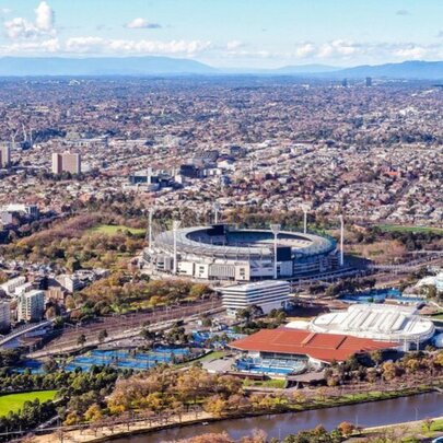 Aerial view of Melbourne city looking east, across the MCG from the Melbourne Skydeck.