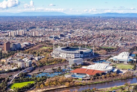 Aerial view of Melbourne city looking east, across the MCG from the Melbourne Skydeck.