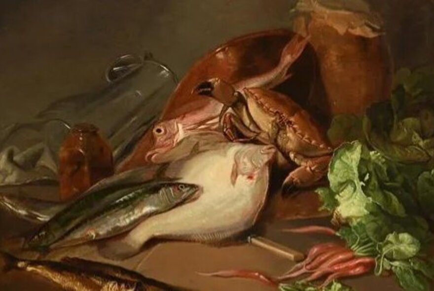 A Regency-era oil painting of raw seafood and vegetables, including three different types of fish, a crab and carrots.