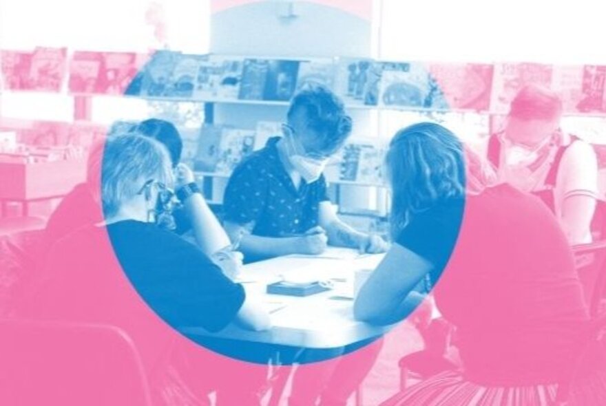 Photo with a pink and blue colour overlay shows people gathered around a table in a writing workshop.