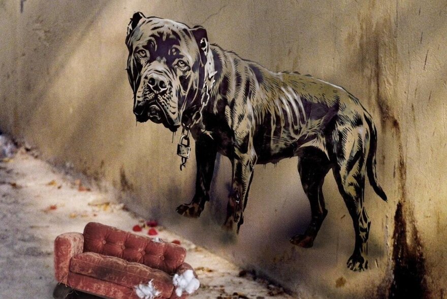 Stencil painting of a large, skeletal black dog on a wall, with a miniature worn red sofa in the foreground.