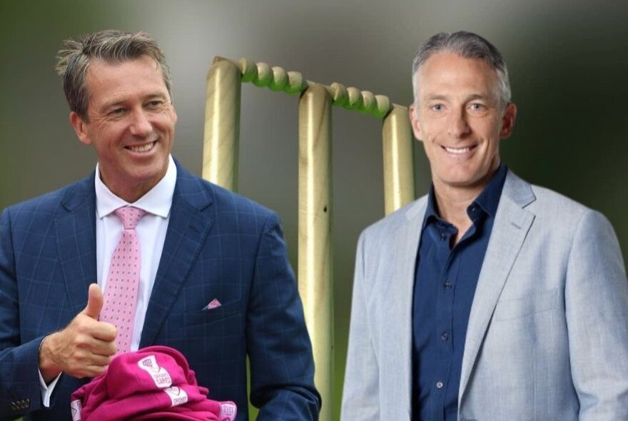 Cricket players Glenn McGrath and Damien Fleming, with a wicket between them.