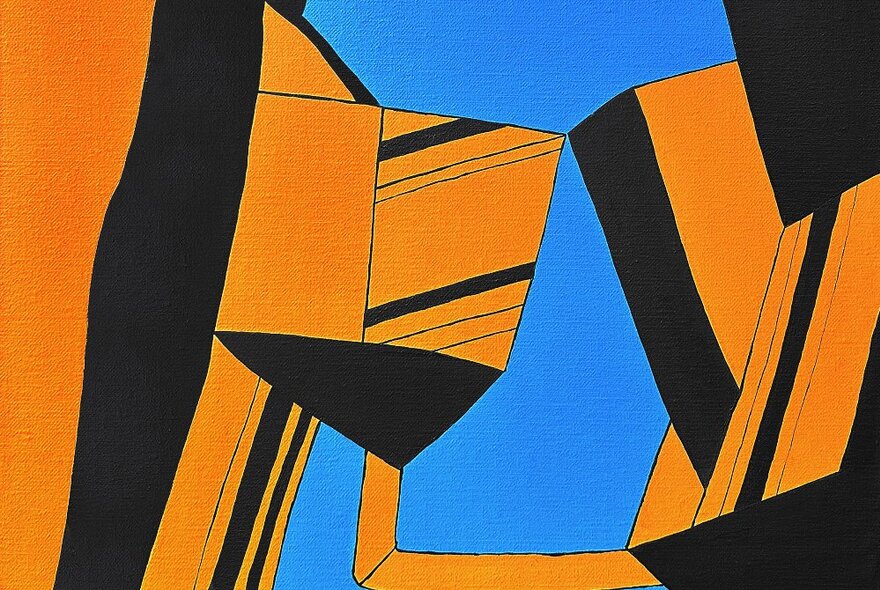 Geometric abstract painting in orange, blue and black tones.