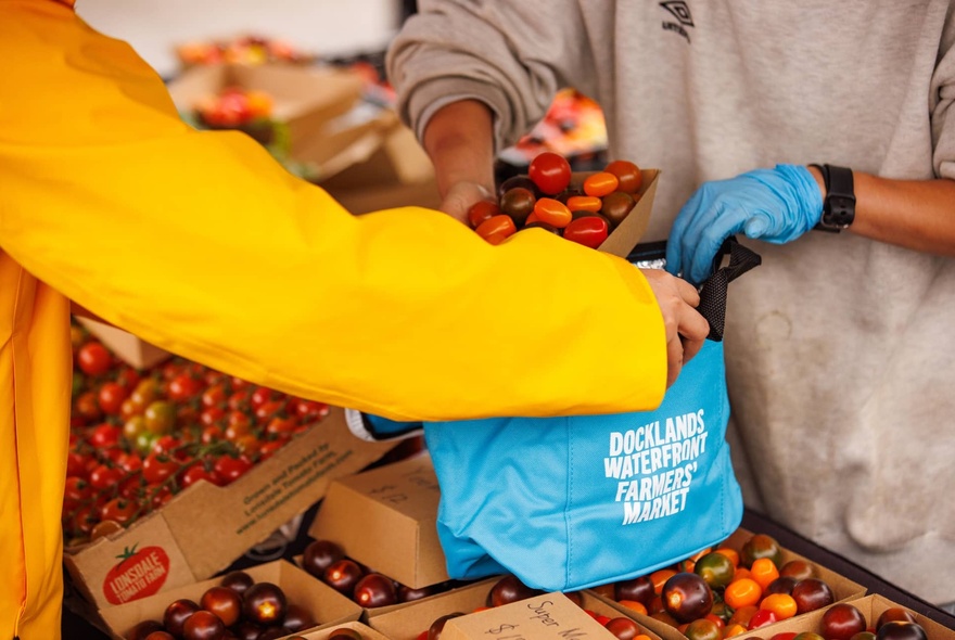 Hannds filling a shopping bag with fruit at a market stall.