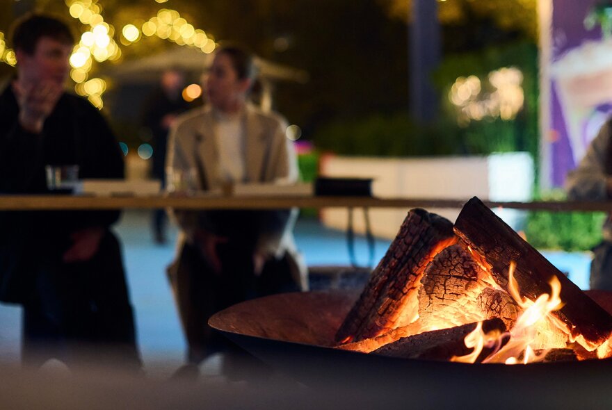 Fire pit burning with blurred people in the background.