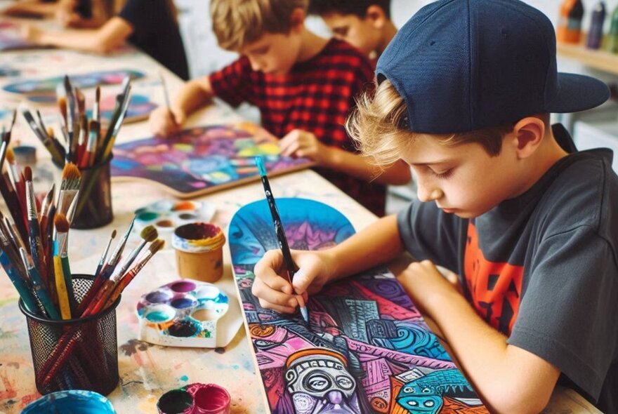 A kid with a backwards cap seated at an art table, painting a colourful design on a skateboard, with containers of paint brushes and pencils in front of him.