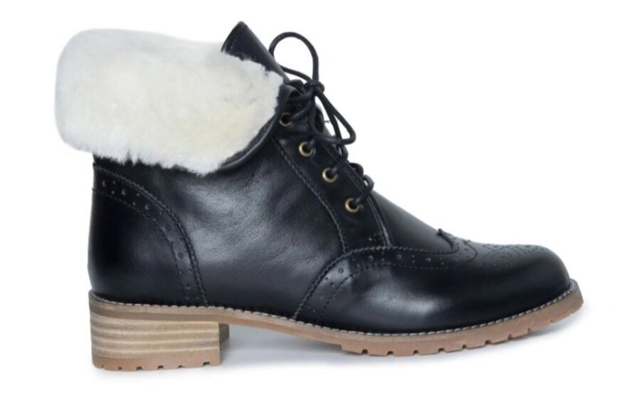 a black ankle boot with sheepskin lining and laceup deatils