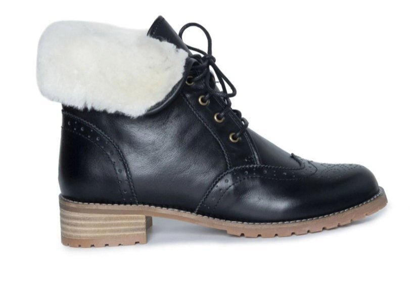 a black ankle boot with sheepskin lining and laceup deatils