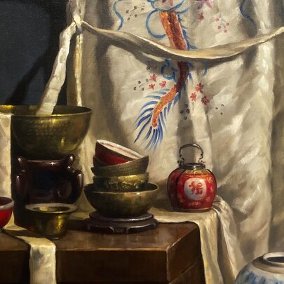 Still life painting of Asian bowls next to a silk embroidered curtain.