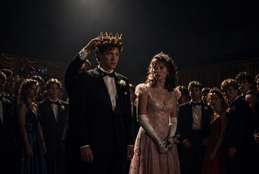 A scene from a movie, with a couple being crowned at a school prom night, with a crowd of onlookers in 1980s formal attire watching.