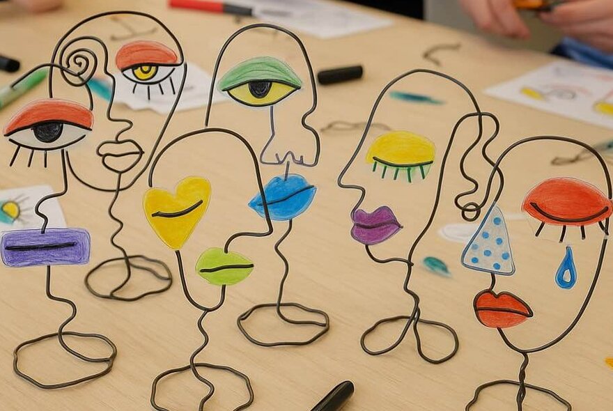 Cubist sculptures of faces with wiggly lines connecting features.