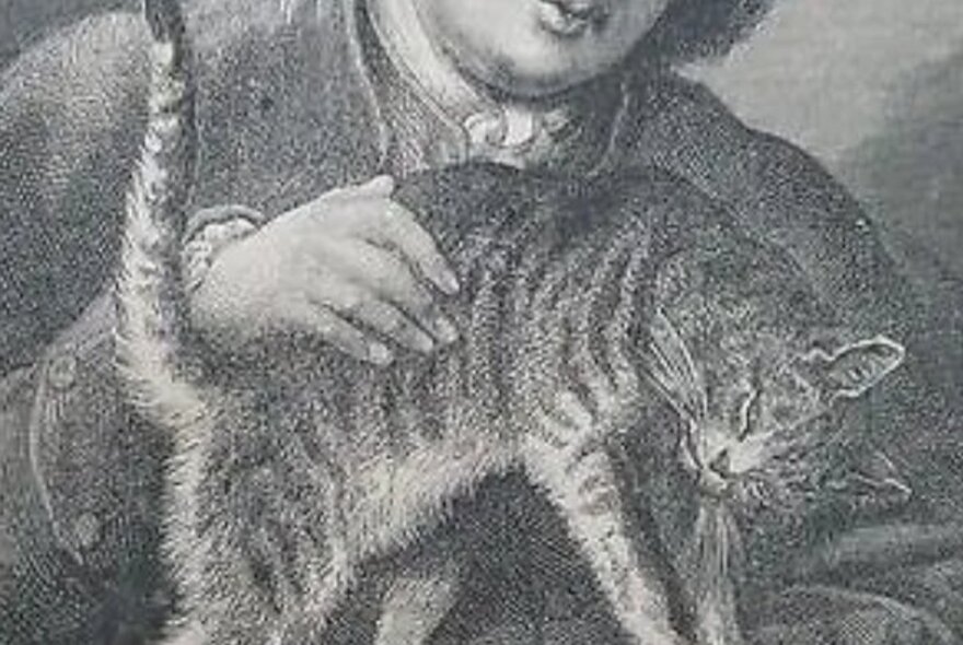 Detail of engraving of 18th-century man stroking a tabby cat.