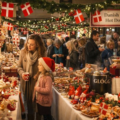 Scene is from a Danish winter bazaar, featuring people walking around long tables laden with food and treats, gløgg (mulled wine) and Danish hotdogs.