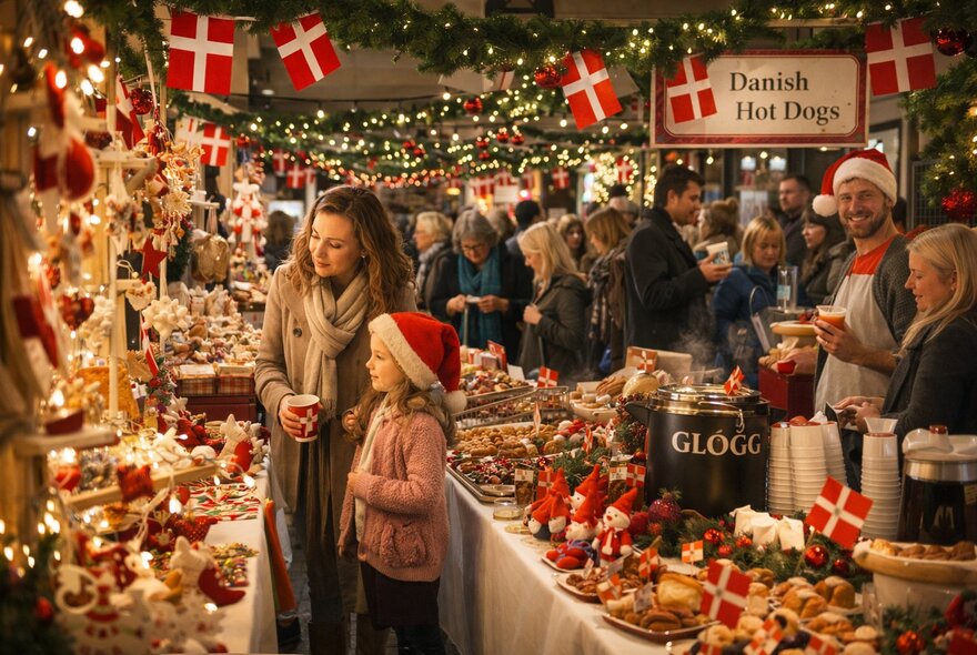 Scene is from a Danish winter bazaar, featuring people walking around long tables laden with food and treats, gløgg (mulled wine) and Danish hotdogs.
