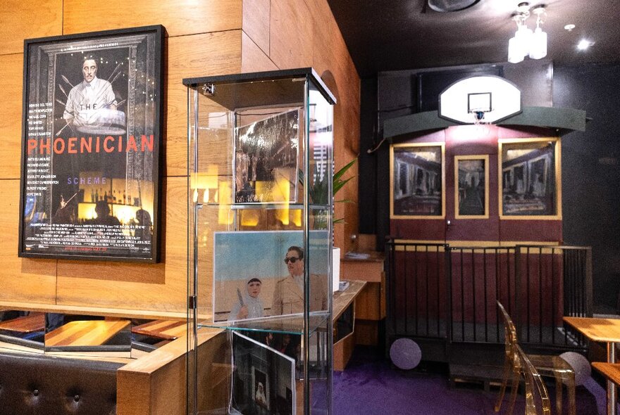 The bar at Cinema Nova with decorations inspired by Wes Anderson’s latest film, 'The Phoenician Scheme'.