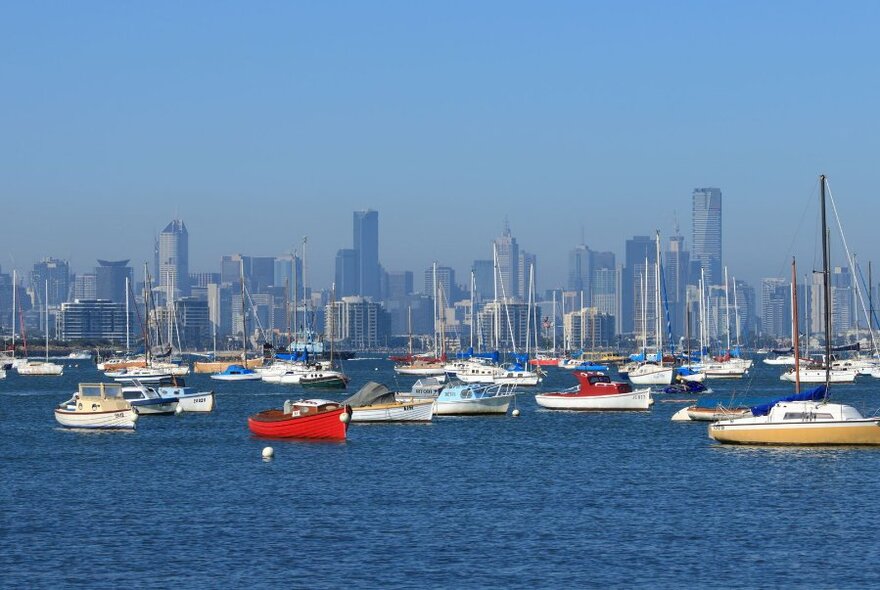 Yachts, ferries and other boats on the Yarra River.