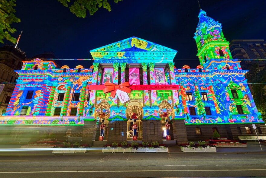 Christmas projections on Melbourne Town Hall. 