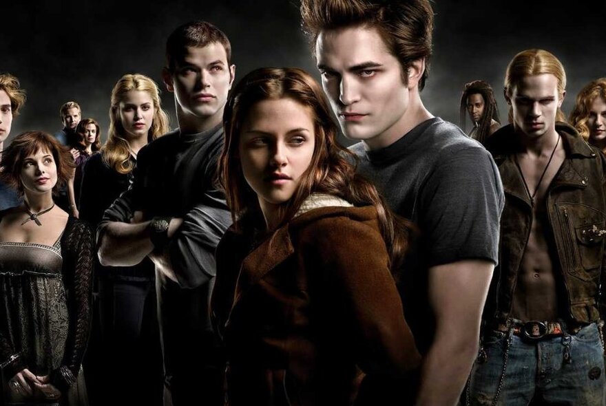 The cast of the movie Twilight in a movie-poster style image.