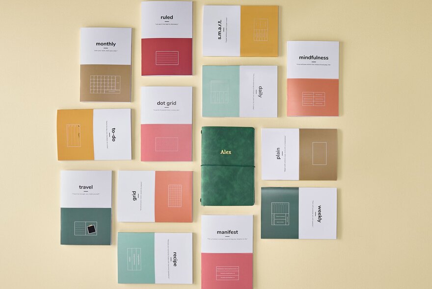 Journal pads with different coloured pages.