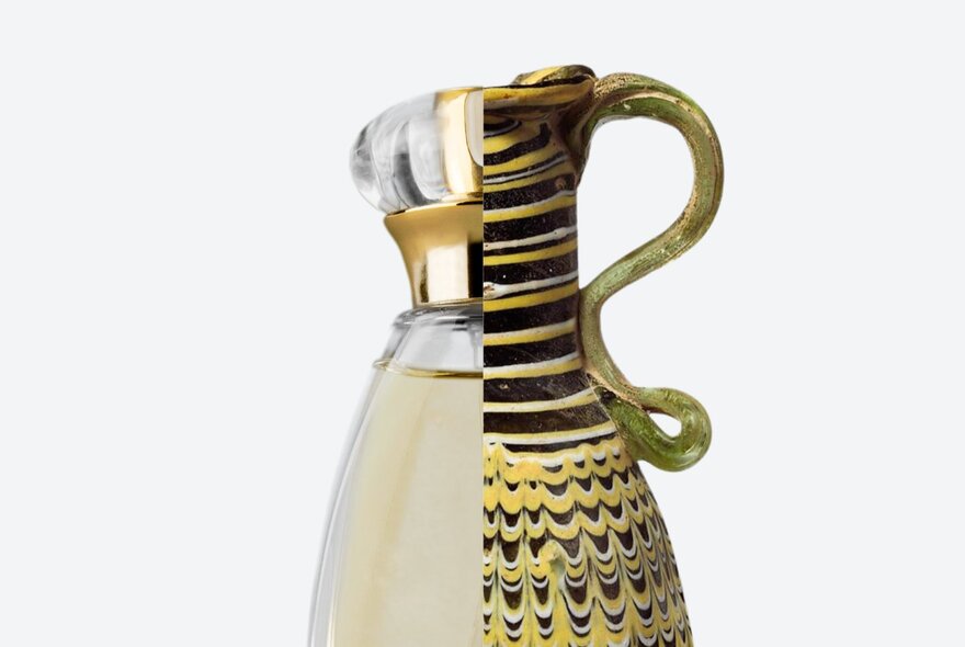A perfume bottle - half of is a modern perfume bottle and the other half is an ancient Greek perfume vessel.