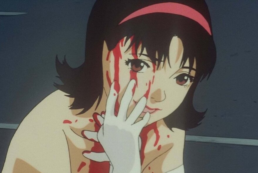 An anime cartoon depiction of a young girl with blood dripping from beneath her hair, staining her cream-coloured shirt.