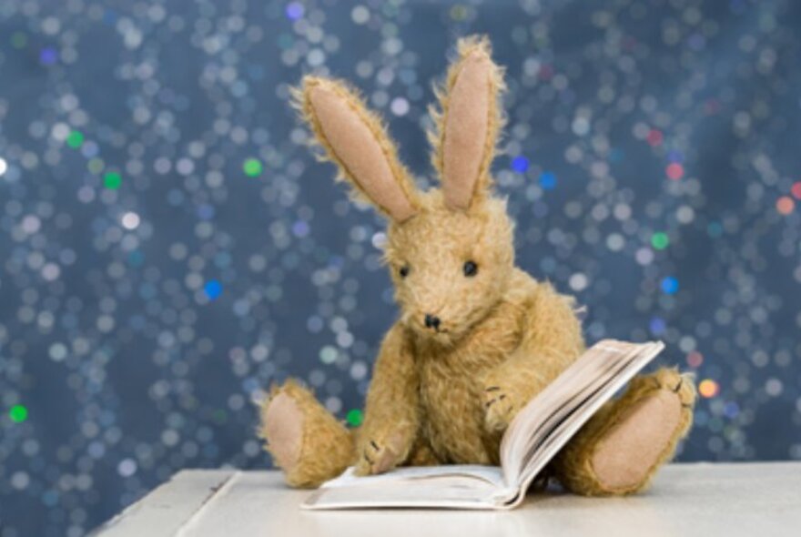 Plush rabbit toy seated reading a book on a whie table with blue sparkling background.