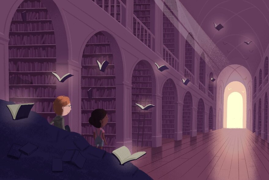 An illustration of two people in a big old-fashioned library with arched entries to the shelves, floating books around them.