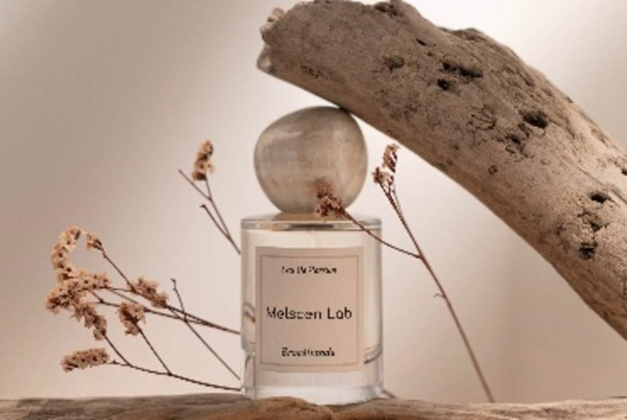 A bottle of perfume with a stone-like lid with dried flowers behind it and a large stick balancing on the top. 