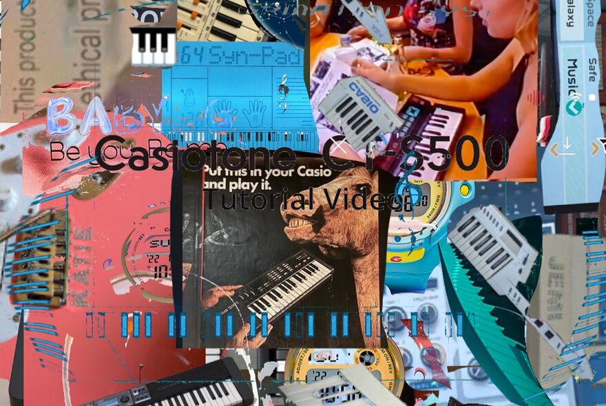 Collage of keyboards, and people playing electronic Casio keyboards, overwritten with random indecipherable text.