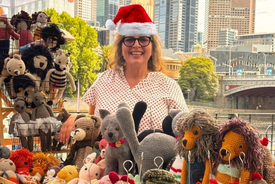 Toy stall vendor wearing a Santa hat at an outdoor market overlooking the Yarra River.