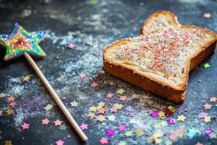 Fairy bread and glitter wand on a background scattered with stars.