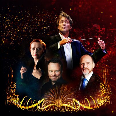 Four classical musicians surrounded by glittering scrolls and stars.