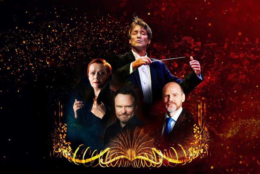 Four classical musicians surrounded by glittering scrolls and stars.