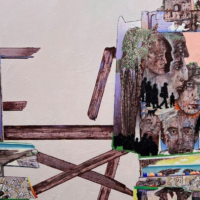 Artwork showing a composite of illustrations of heads and portraits with wooden planks. 