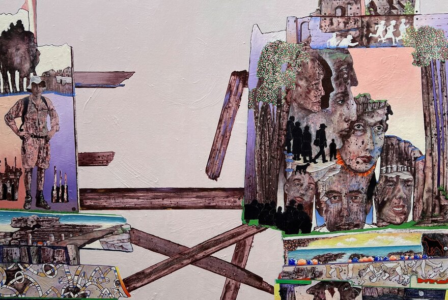 Artwork showing a composite of illustrations of heads and portraits with wooden planks. 