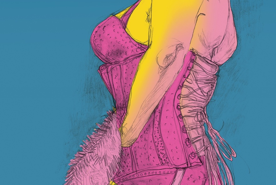 A drawing of a woman's torso in a pink corset, laced at the back. 