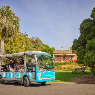 The open-sided Explorer Bus at Royal Botanic Melbourne Gardens on a path with the gardens in the background.