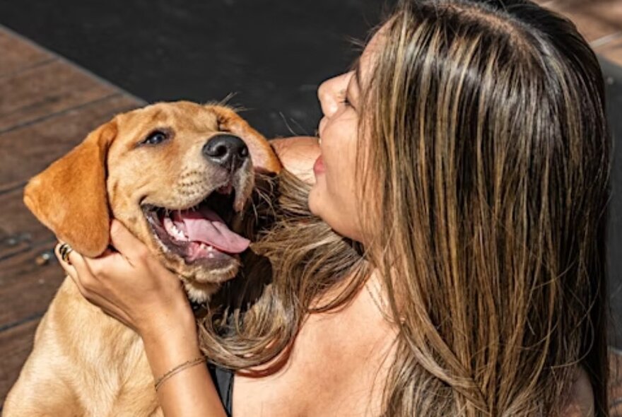 A woman with long streaked hair holding a happy panting dog, stroking its face and cooing.