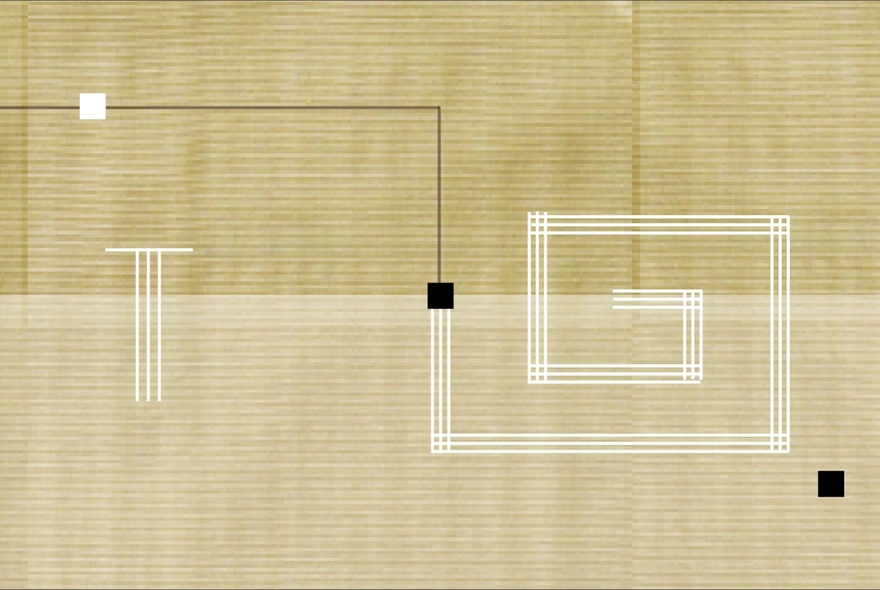 Close-up view of a hand-woven wall covering featuring a textured beige background with minimalist geometric designs.
