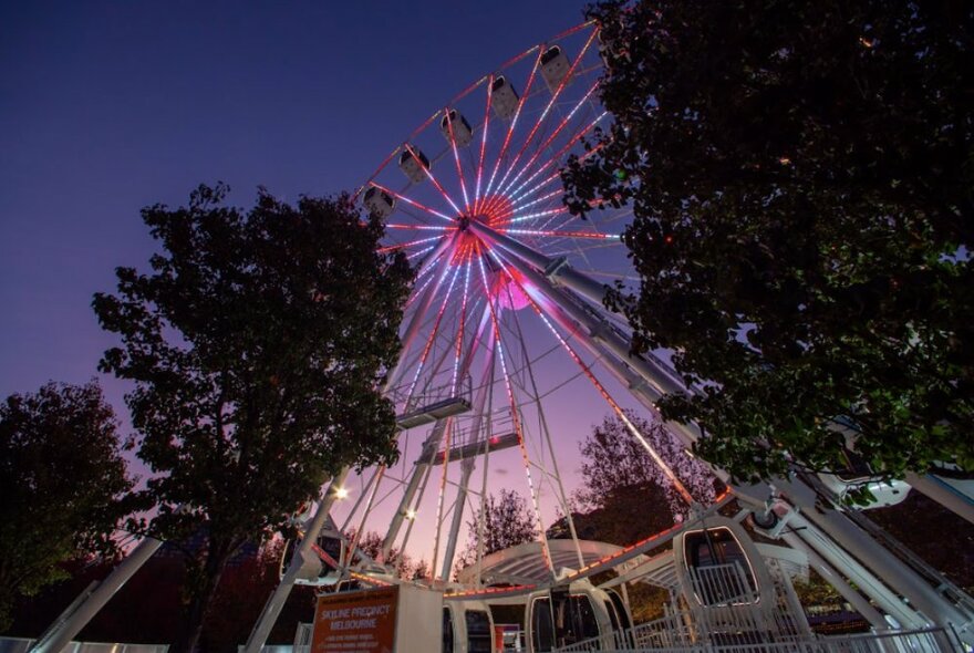 The Melbourne Skyline Ferris wheel at dusk, seen from below.