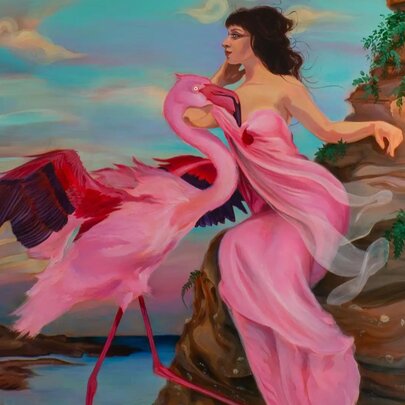 An oil painting of a pink flamingo alongside a beautiful woman in a pink dress sitting on a rock.