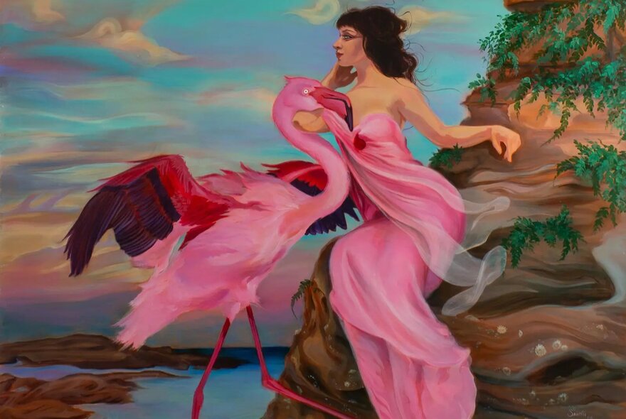 An oil painting of a pink flamingo alongside a beautiful woman in a pink dress sitting on a rock.