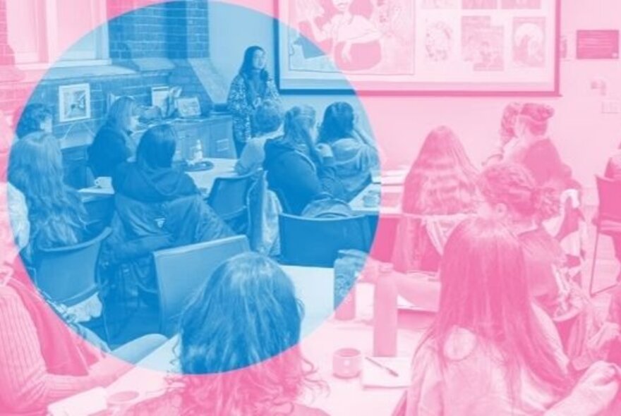 People seated at tables listening to a speaker who stands at the front of a room; the image is stylized with a dual-tone colour filter, a blue circle over a pale pink wash.