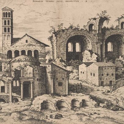 Grand Tour Piranesi etching of ancient Roman ruins in Renaissance times.