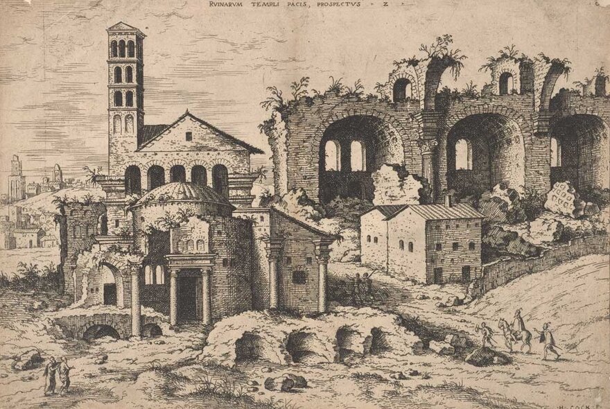Grand Tour Piranesi etching of ancient Roman ruins in Renaissance times.